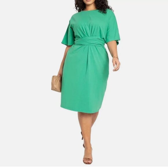 This NWT Eloquii Women's Plus Knot Front Pleated Skirt Dress in Gulf Coast Green - Picture 1 of 6
